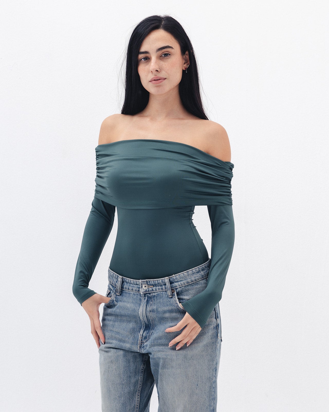 Off Shoulder Long Sleeve In Emerald Green