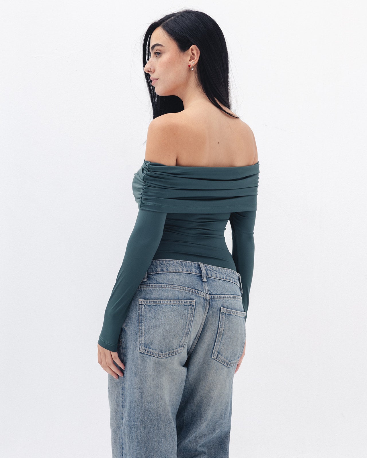 Off Shoulder Long Sleeve In Emerald Green