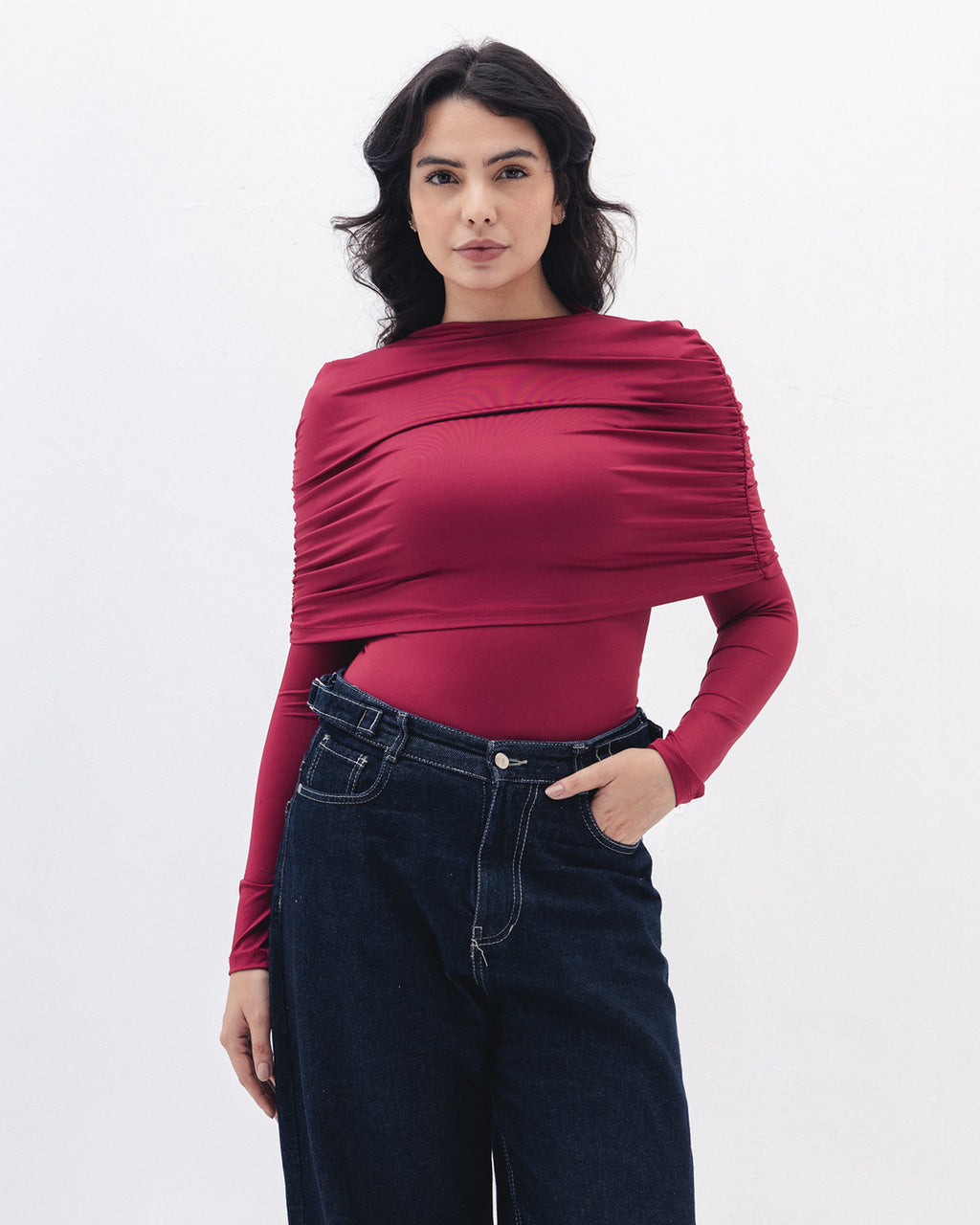 Full-neck Off Shoulder Top  In Raspberry