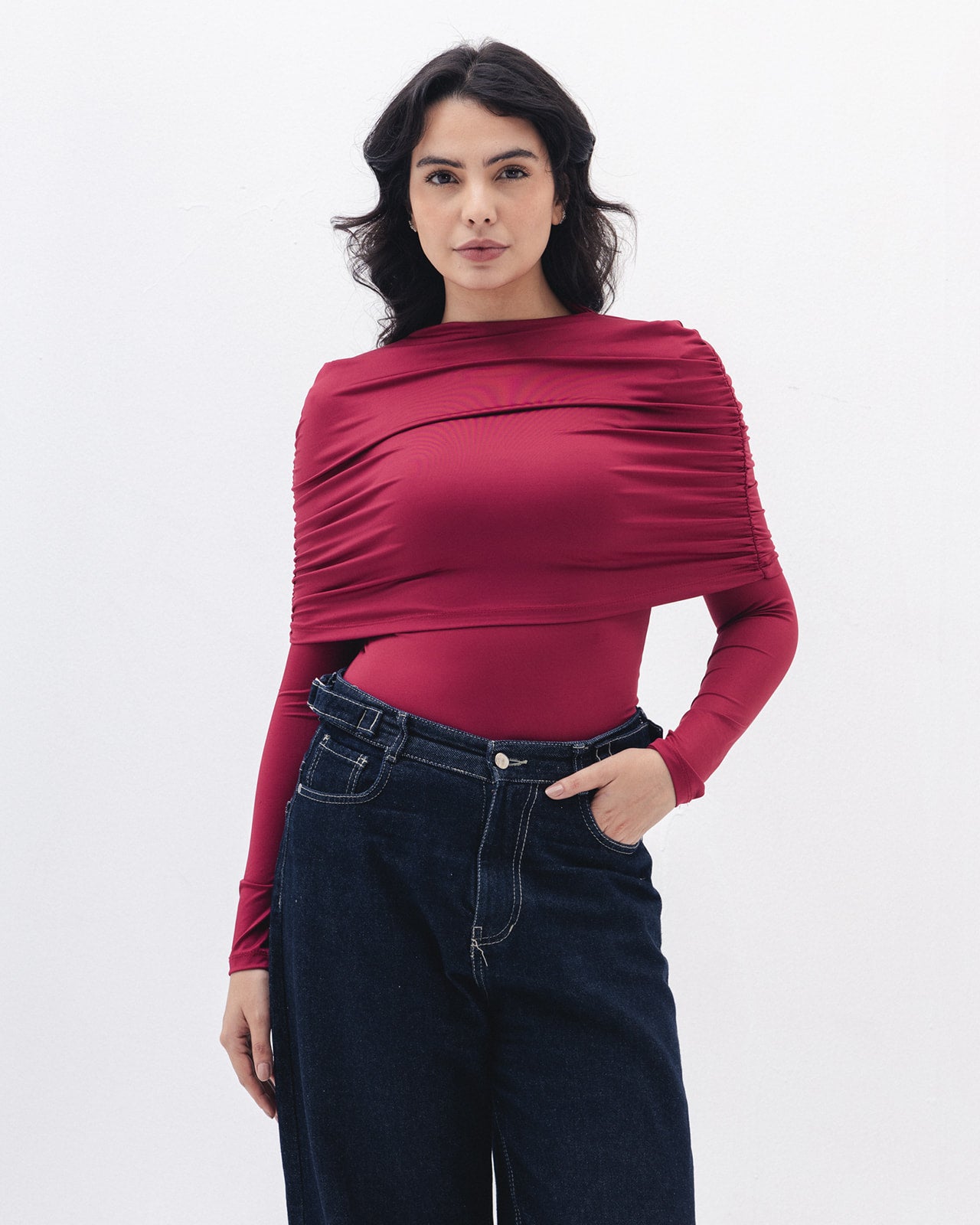 Full-neck Off Shoulder Top  In Raspberry