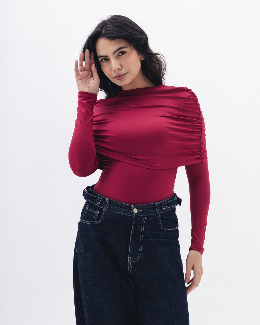 Full-neck Off Shoulder Top  In Raspberry