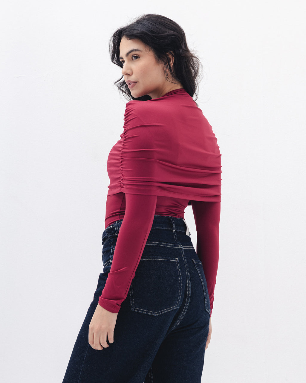 Full-neck Off Shoulder Top  In Raspberry