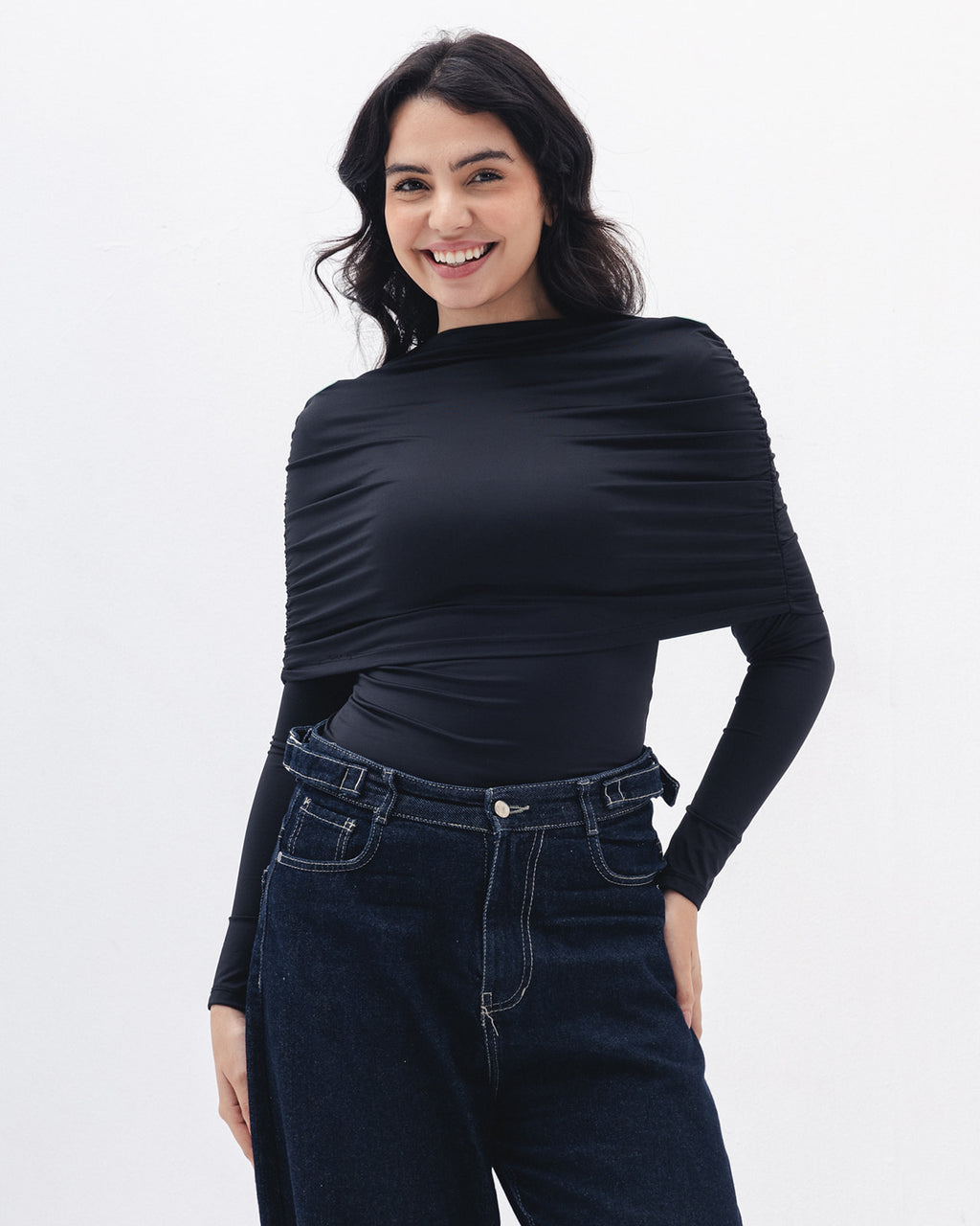 Full-neck Off Shoulder Top In Black