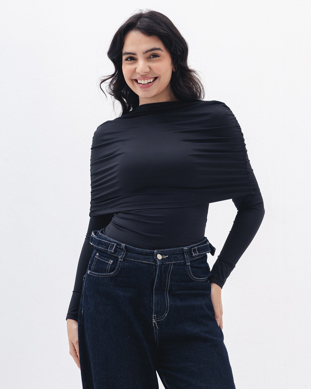 Full-neck Off Shoulder Top In Black