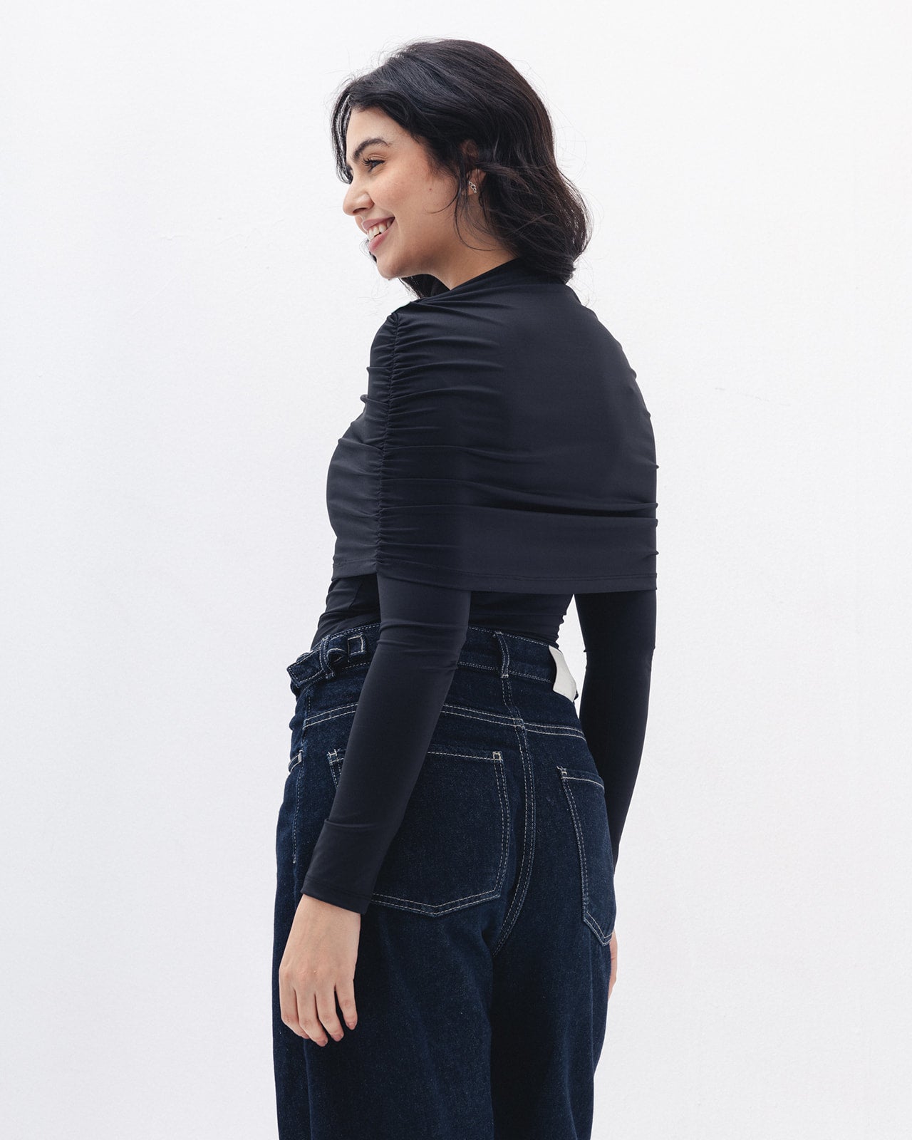 Full-neck Off Shoulder Top In Black