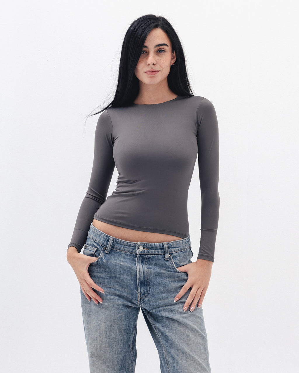 Shaping Long Sleeve Top In  Charcoal Grey