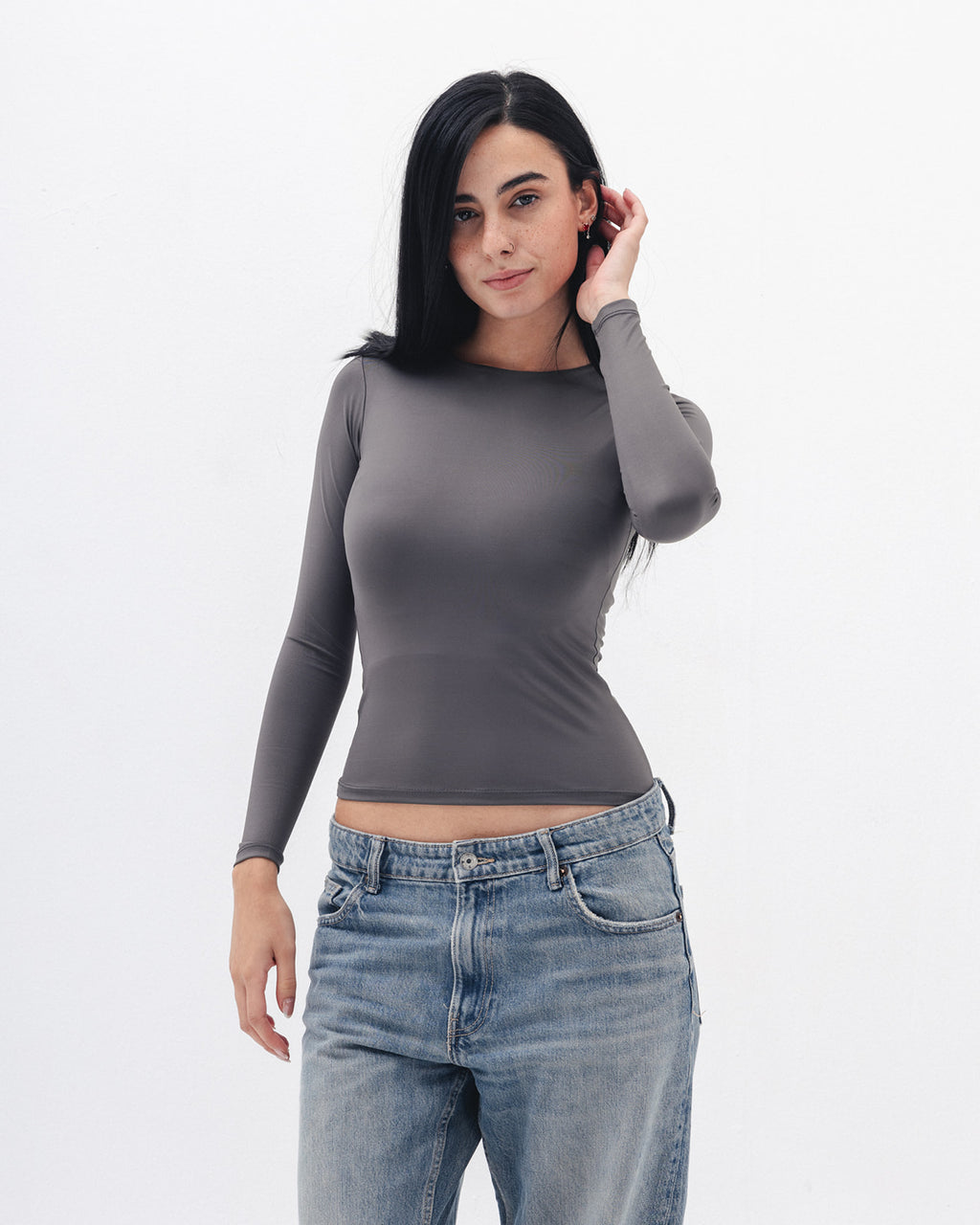 Shaping Long Sleeve Top In  Charcoal Grey