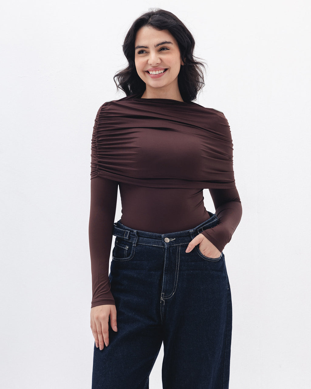 Full-neck Off Shoulder Top In Brown