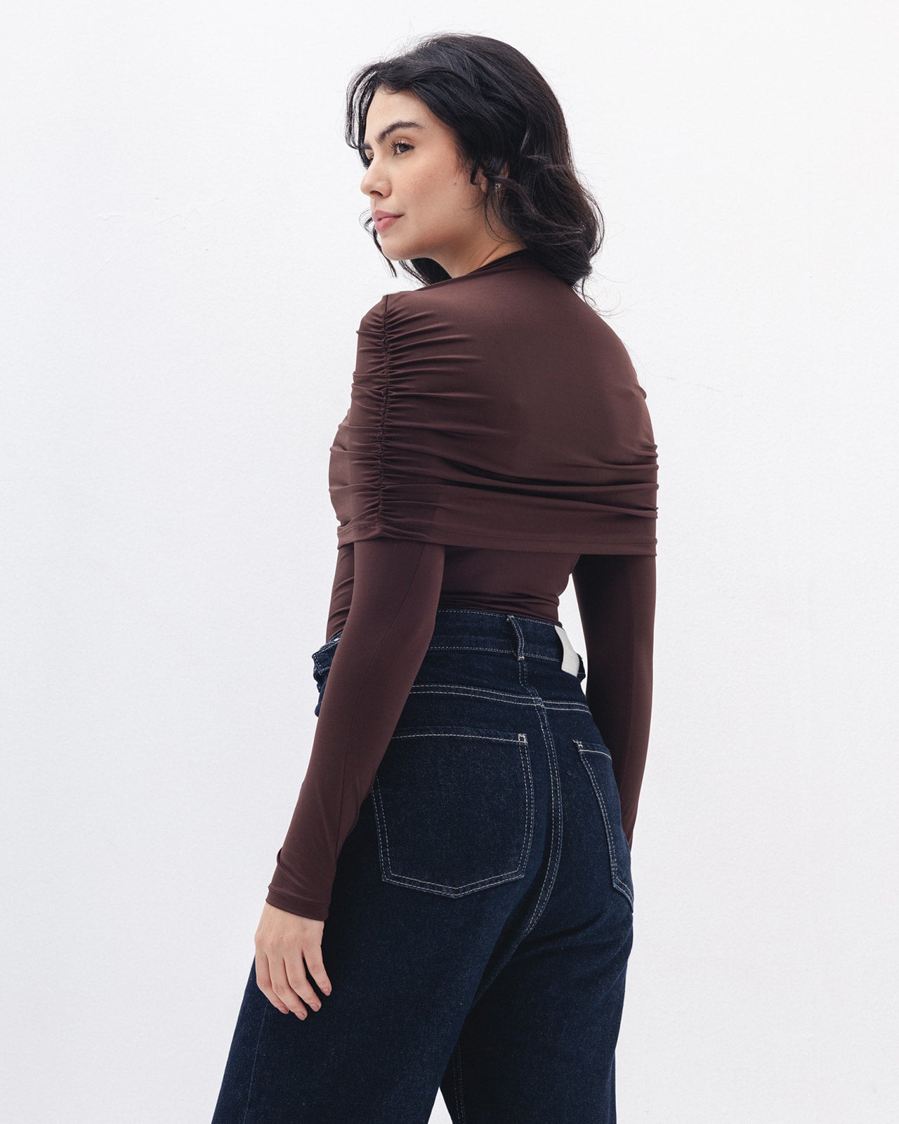 Full-neck Off Shoulder Top In Brown