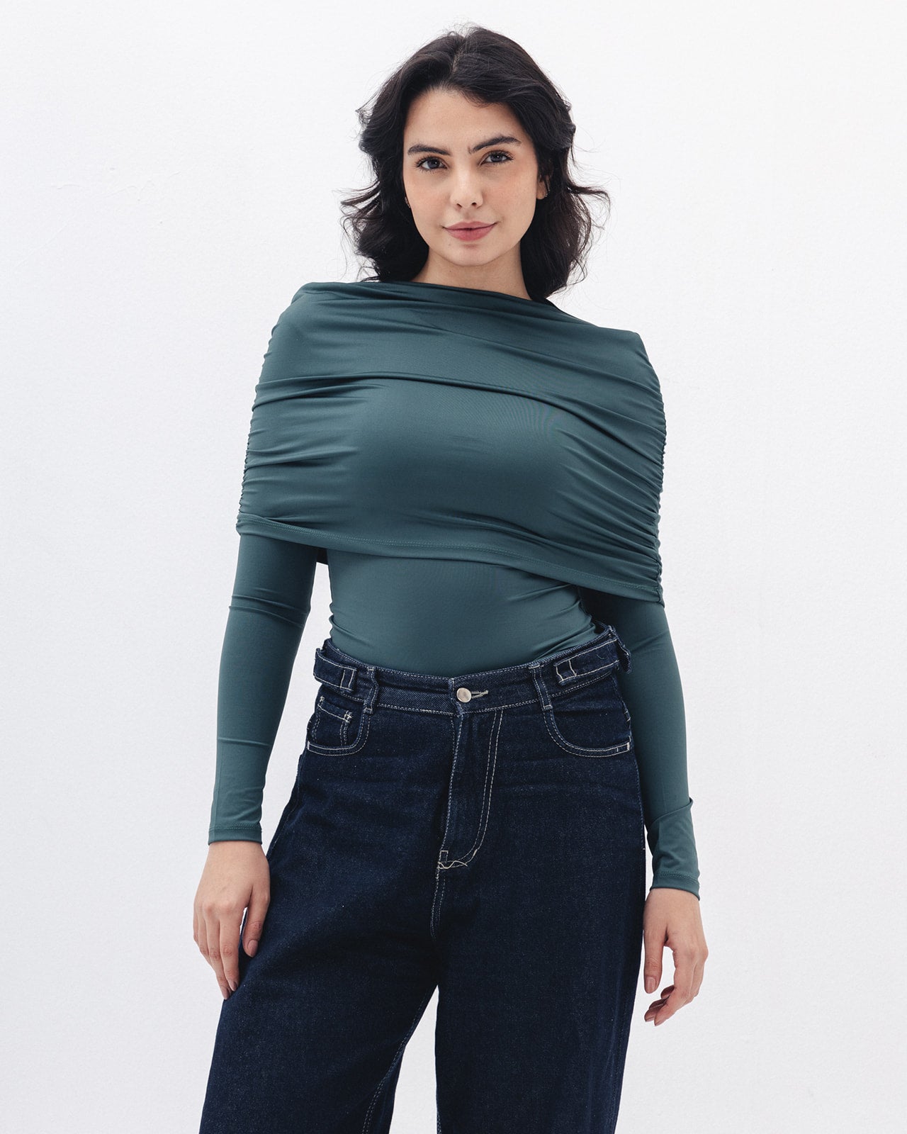 Full-neck Off Shoulder Top In Emerald Green