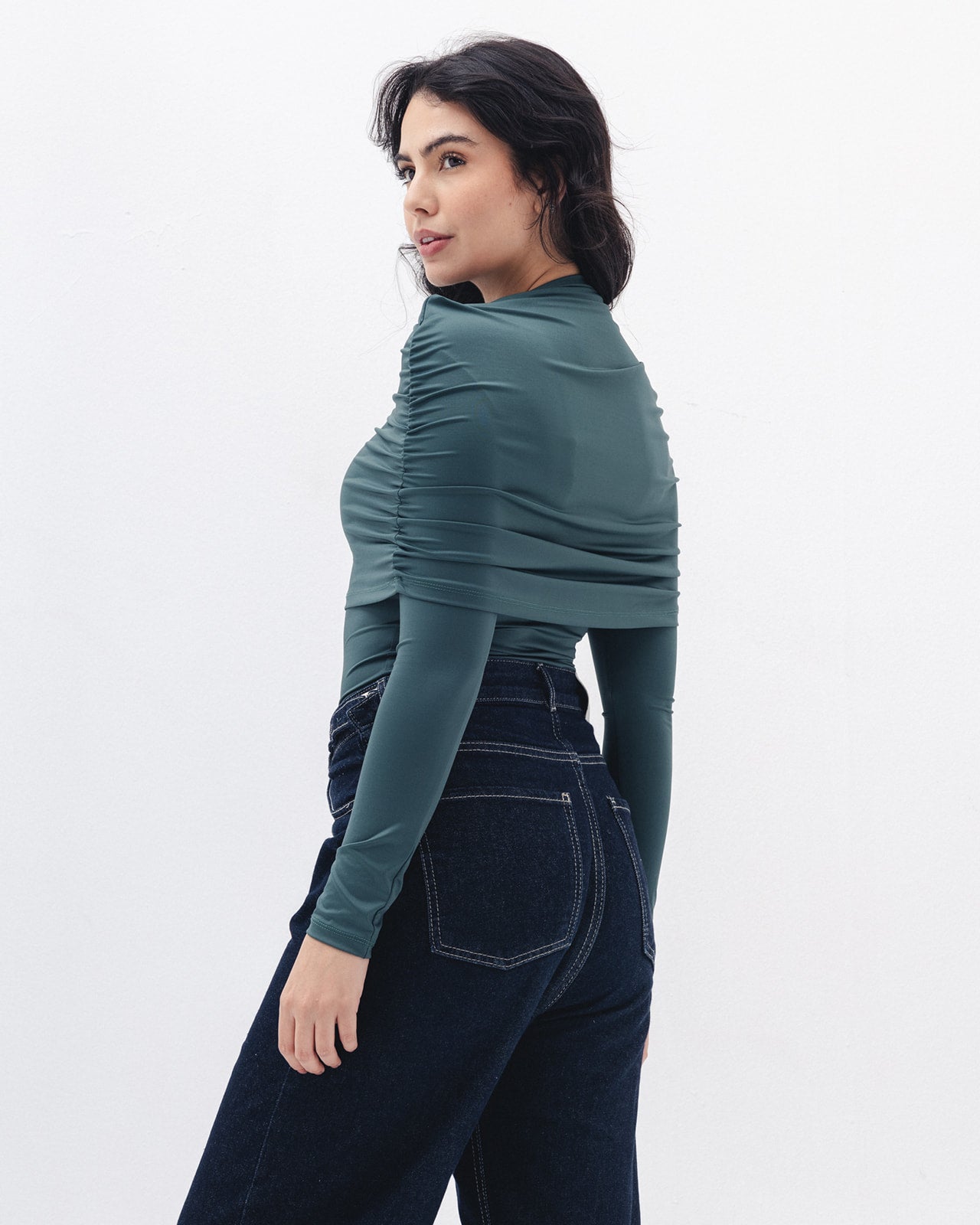 Full-neck Off Shoulder Top In Emerald Green