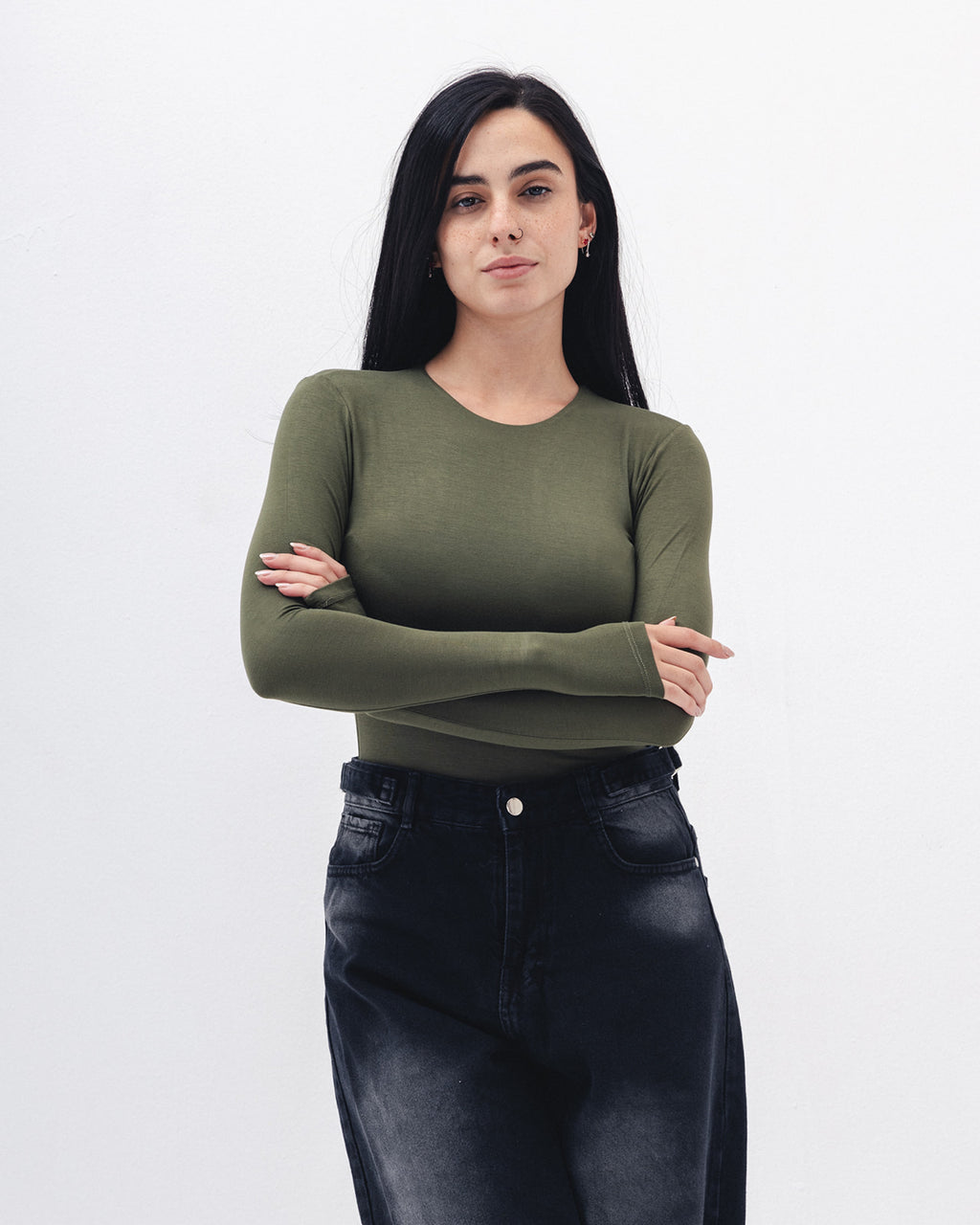 Cotton long sleeve Top In Olive