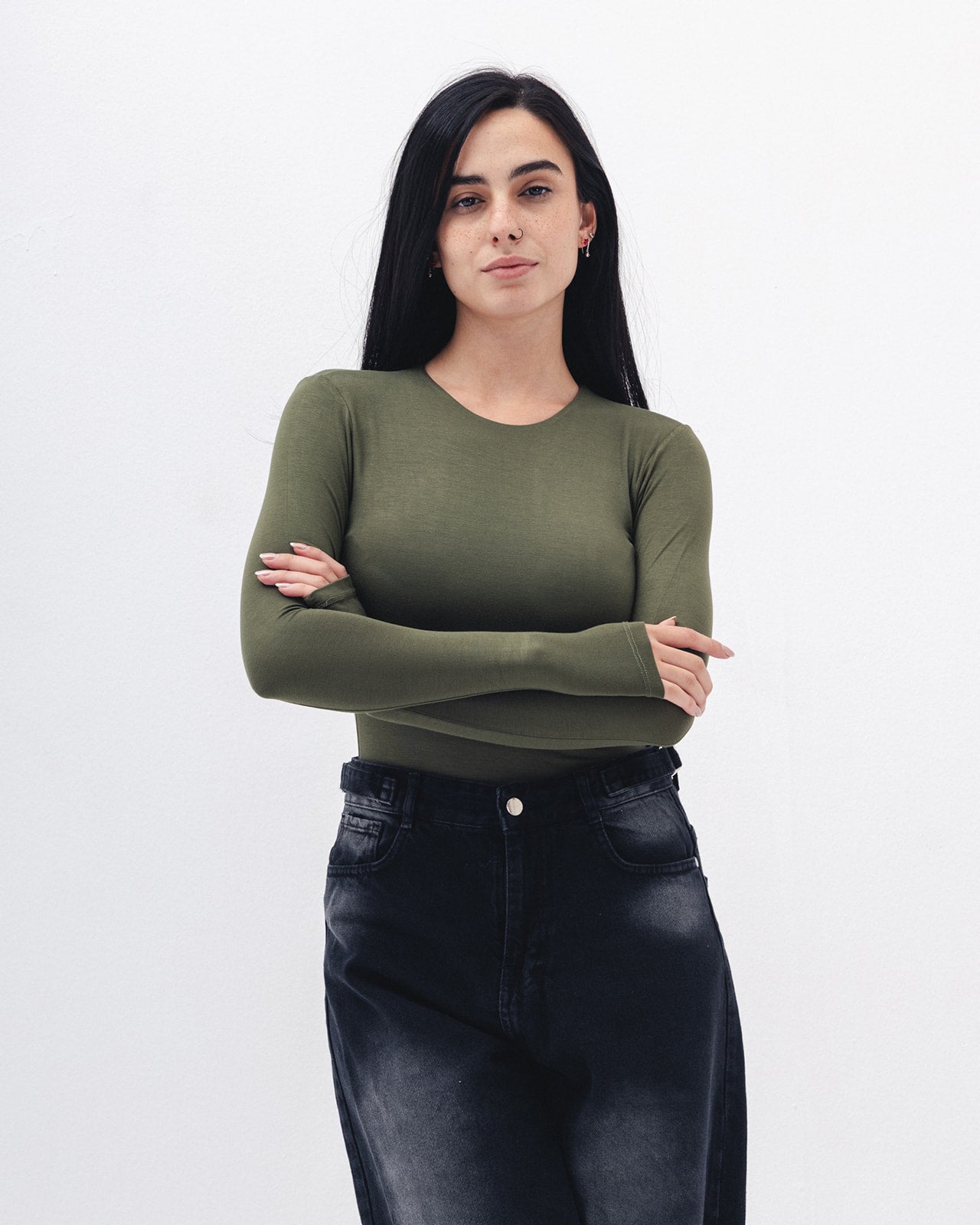 Cotton long sleeve Top In Olive