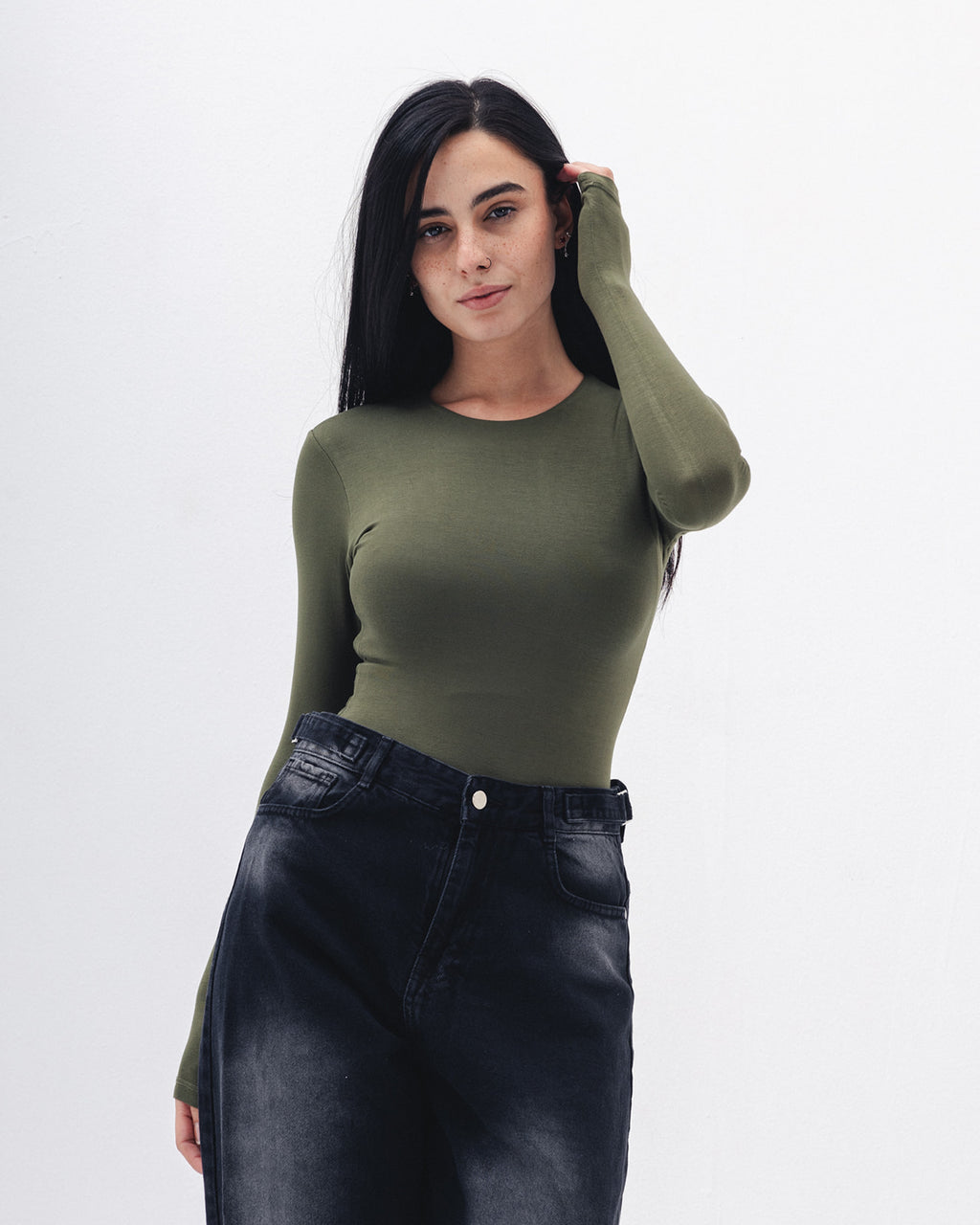 Cotton long sleeve Top In Olive