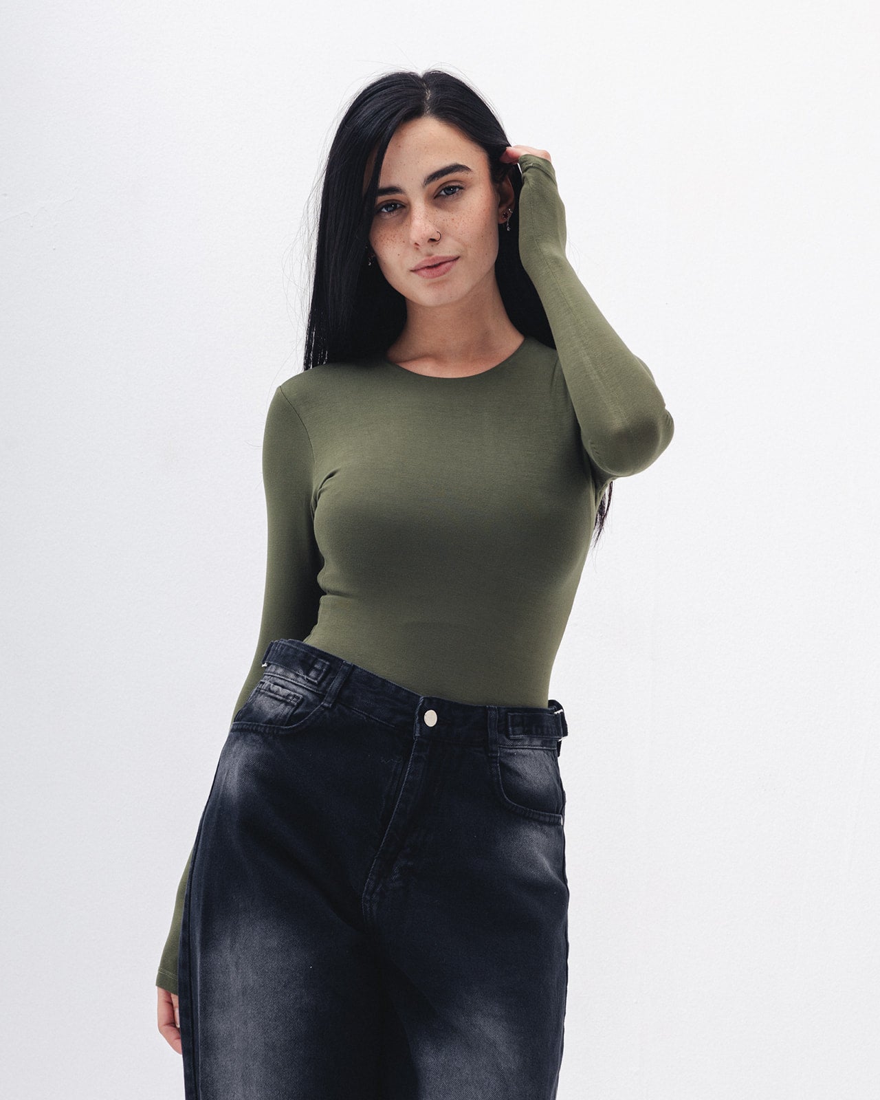 Cotton long sleeve Top In Olive