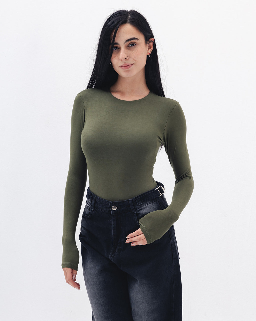 Cotton long sleeve Top In Olive