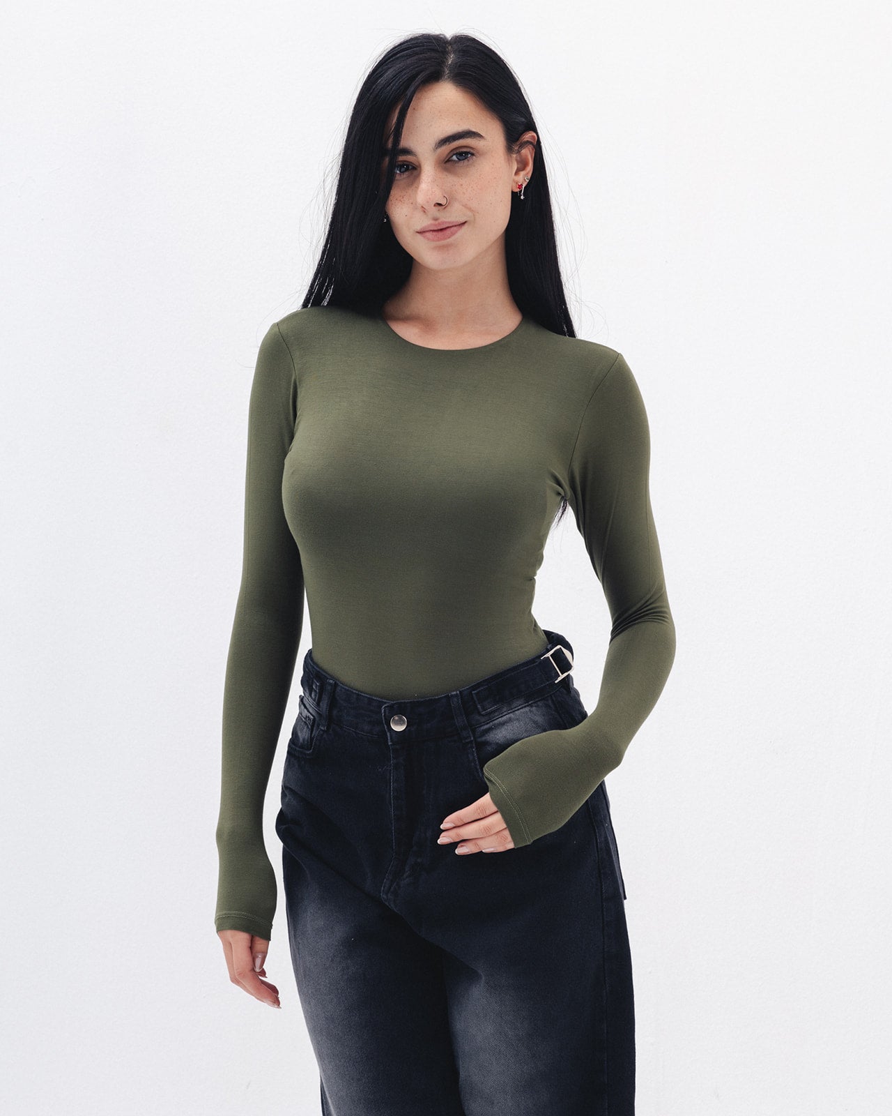 Cotton long sleeve Top In Olive
