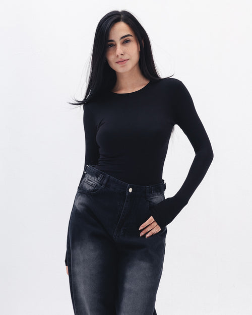Cotton Long Sleeve Top In Black