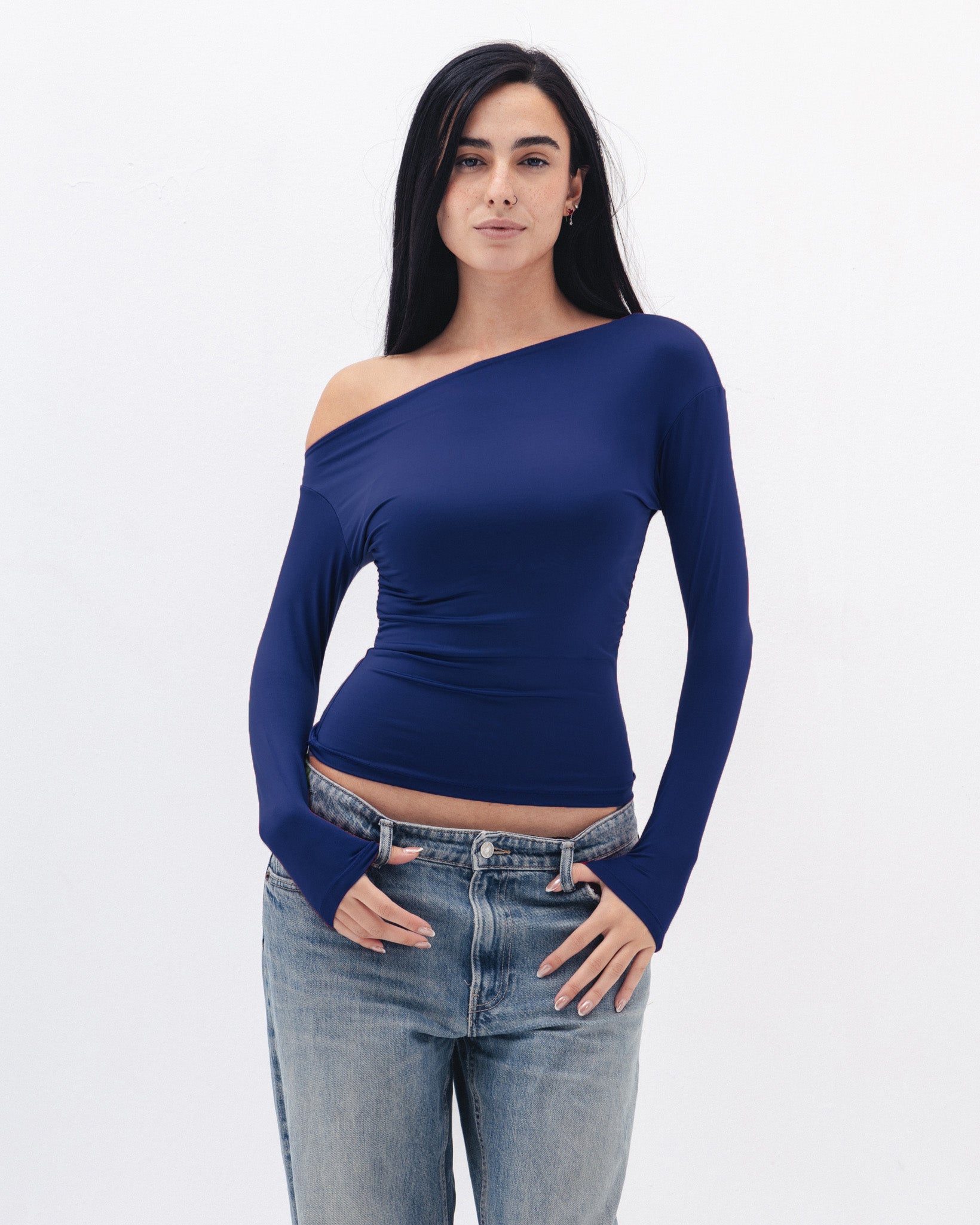 Asymmetrical Off Shoulder Top In  Navy Blue