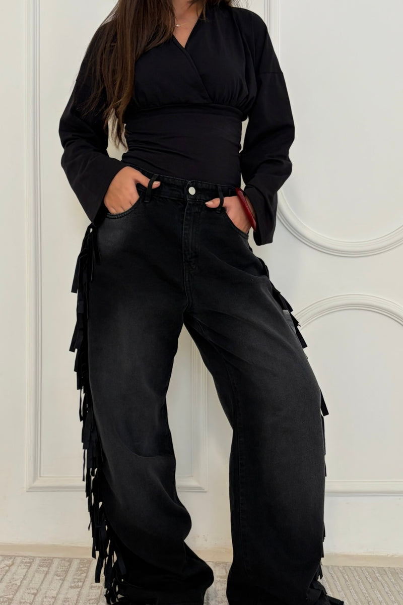 Cowboy Wide Leg Fringe Jeans
