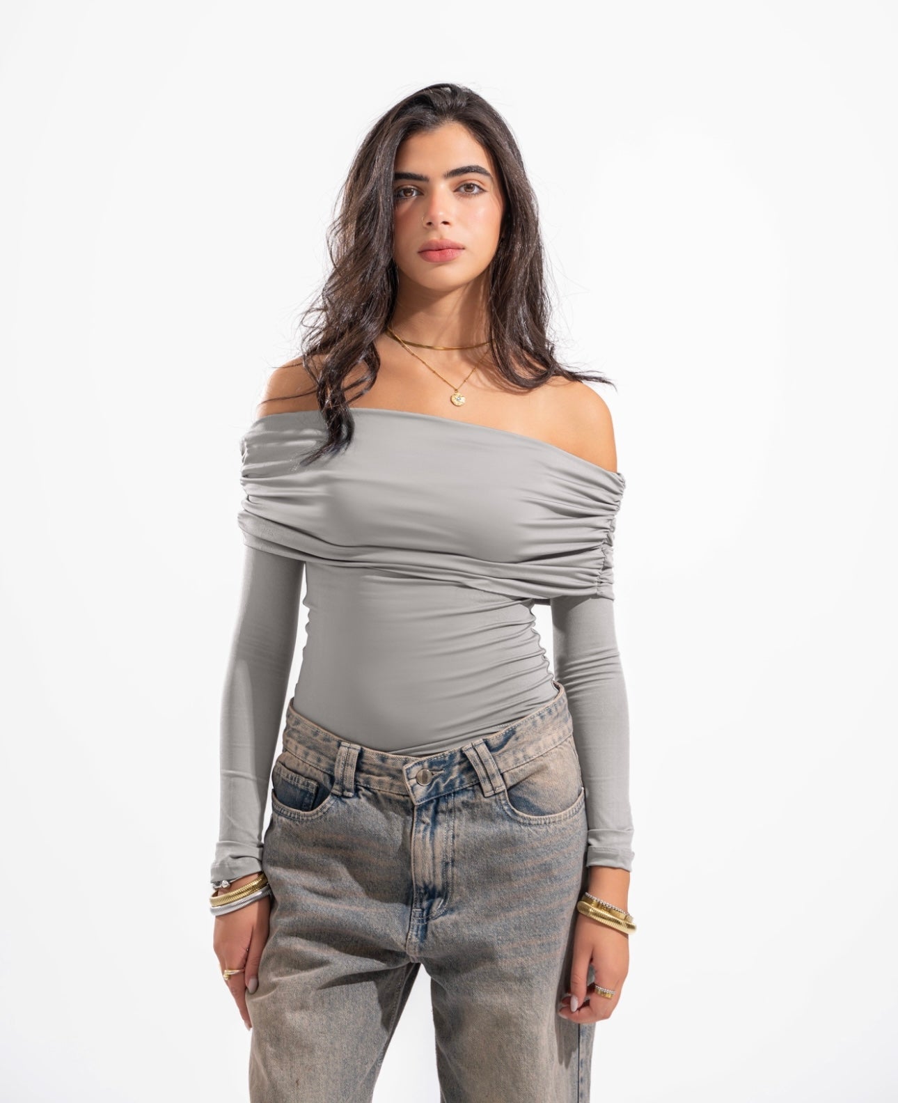 OFF SHOULDER LONG SLEEVE IN LIGHT GREY
