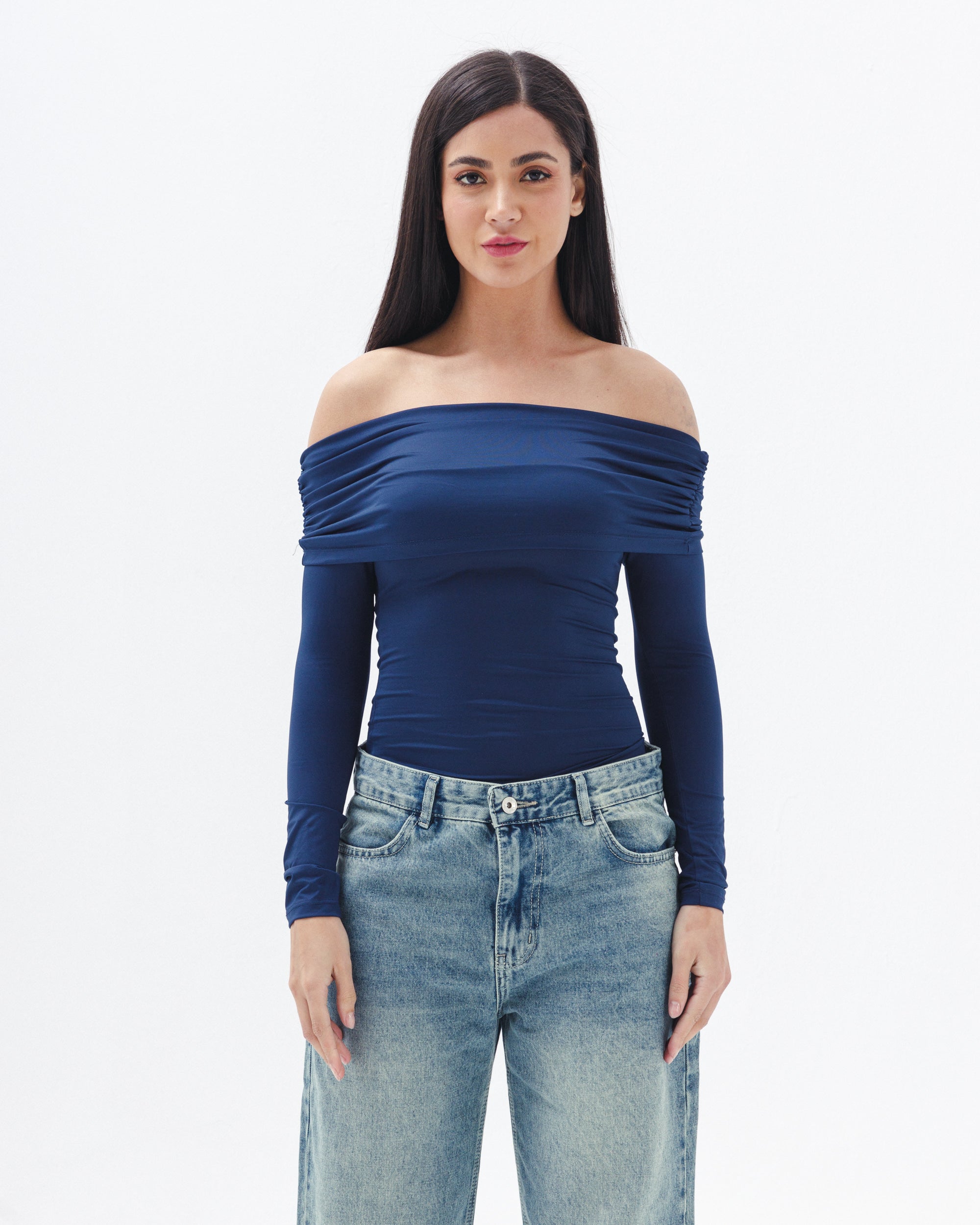 Off Shoulder Long Sleeve In Navy Blue