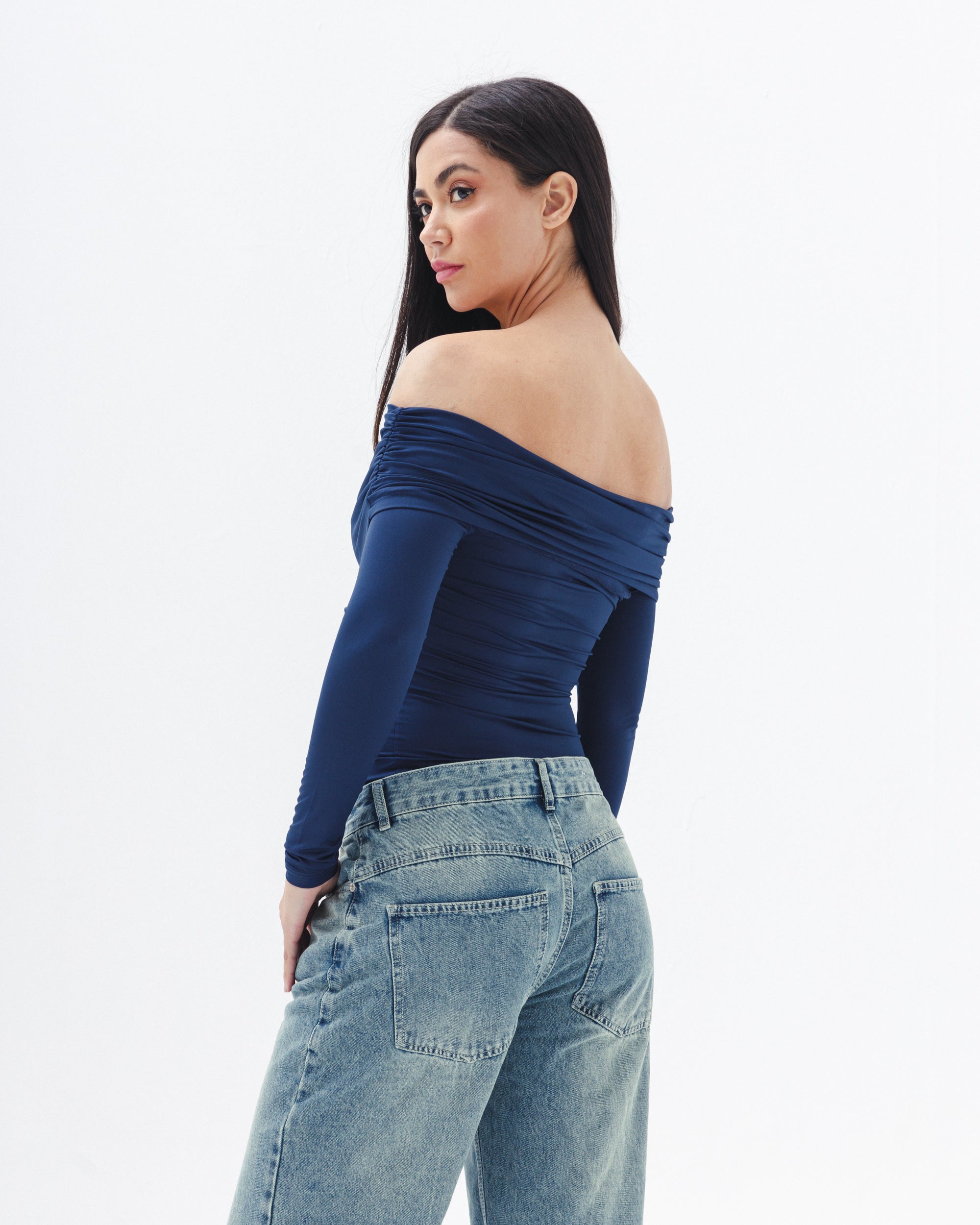 Off Shoulder Long Sleeve In Navy Blue