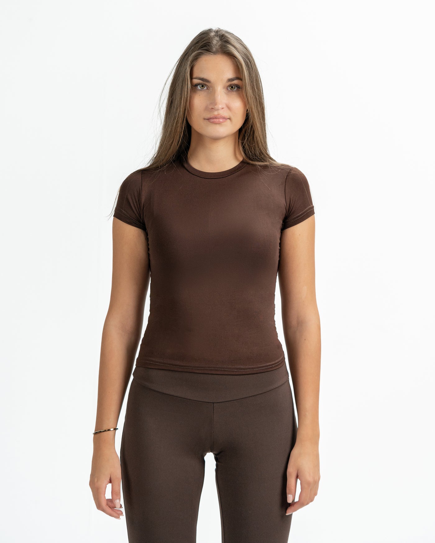 Shaping short sleeve top in brown