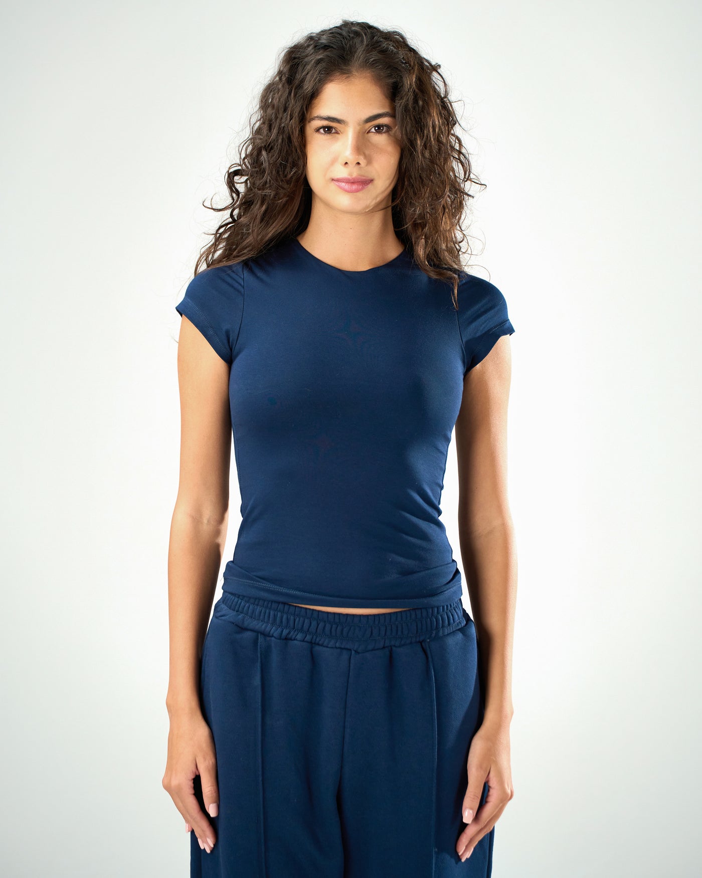 Cotton shaping short sleeve top in navy