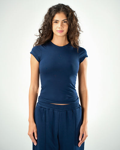 Cotton shaping short sleeve top in navy