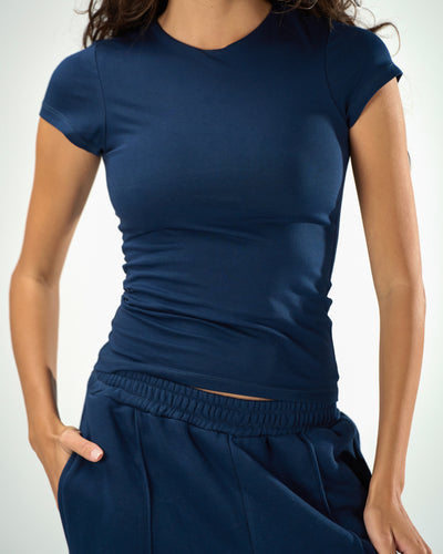 Cotton shaping short sleeve top in navy