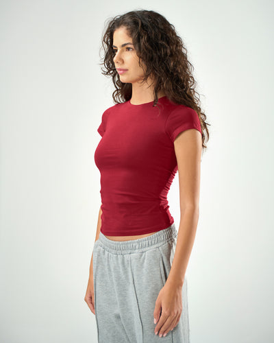 Cotton shaping short sleeve top in raspberry