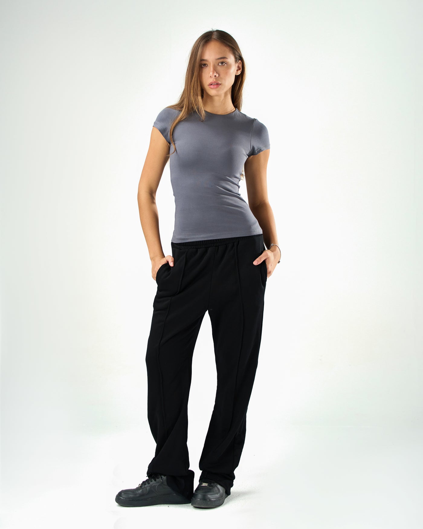 Cotton shaping short sleeve top in charcoal