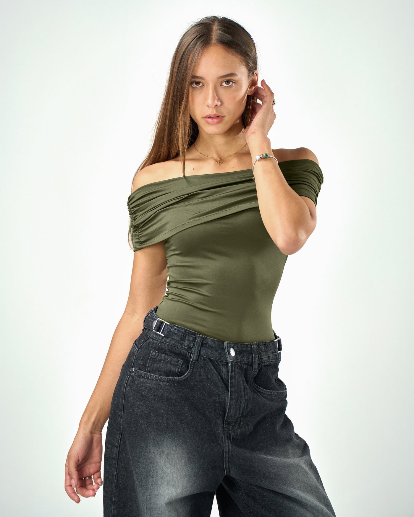 Off shoulder top in olive