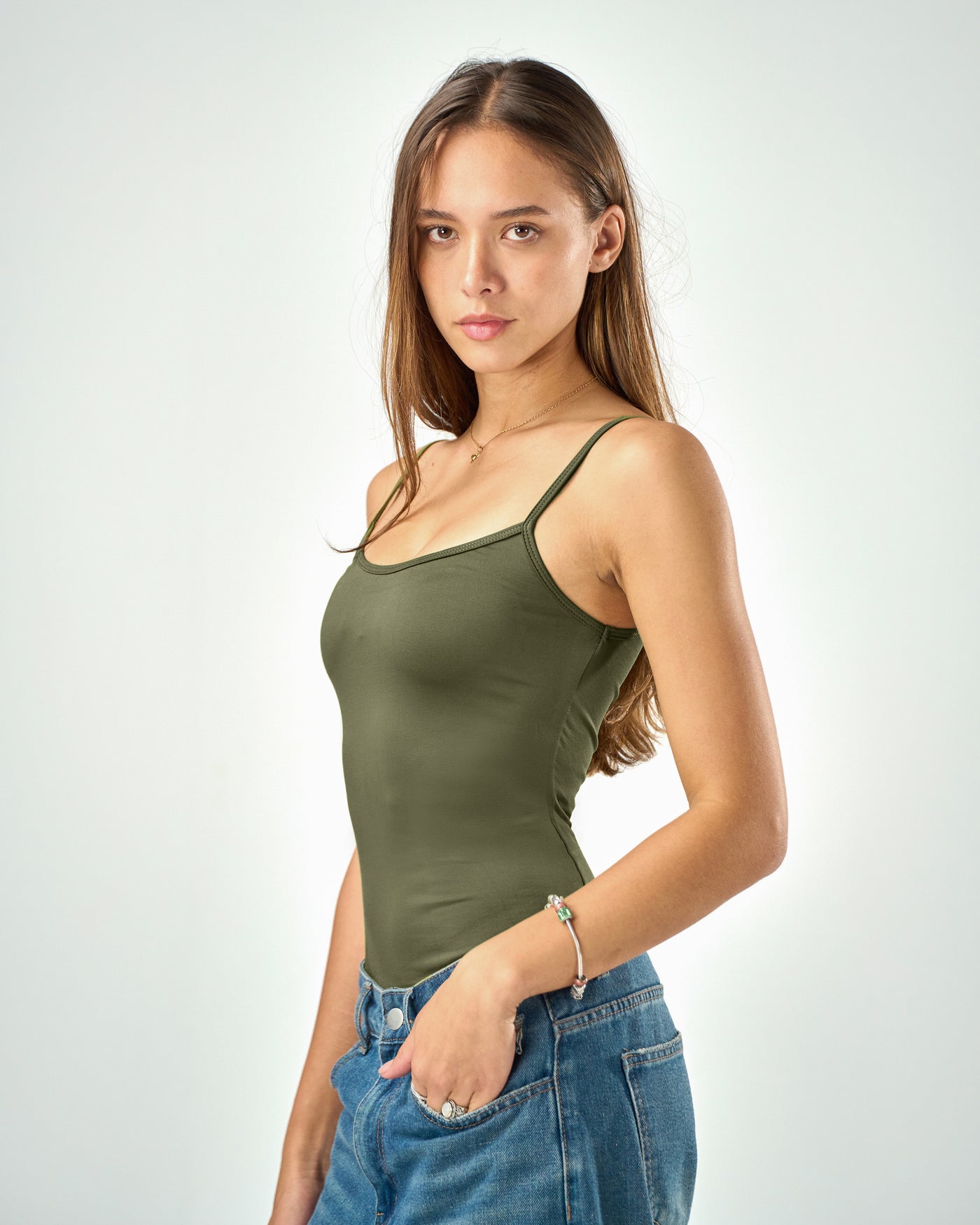 Shaping spaghetti tank top in olive
