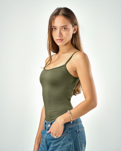 Shaping spaghetti tank top in olive