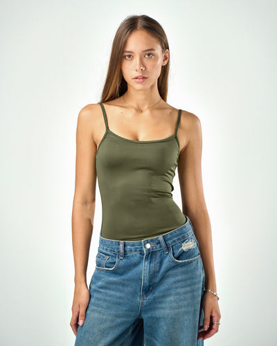 Shaping spaghetti tank top in olive