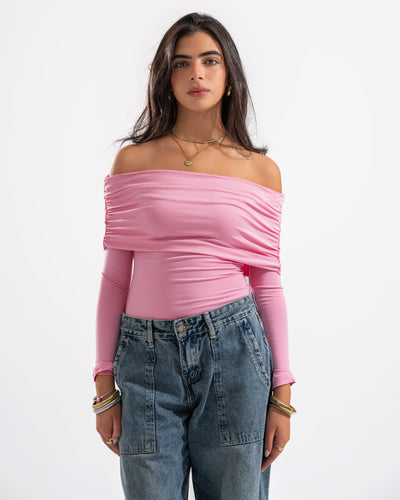 OFF SHOULDER DRAPED LONG SLEEVE IN PINK