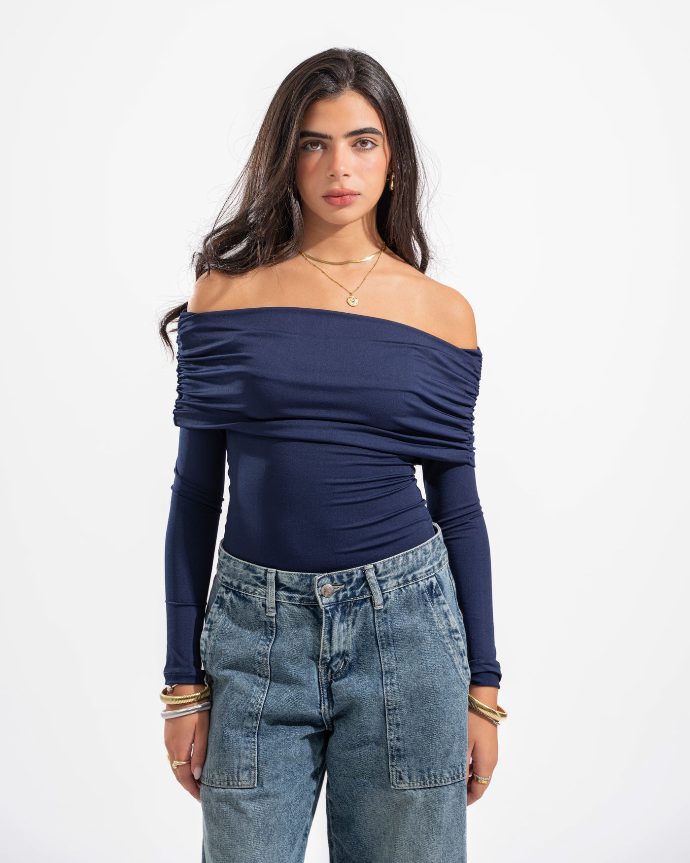 OFF SHOULDER DRAPED LONG SLEEVE IN NAVY BLUE