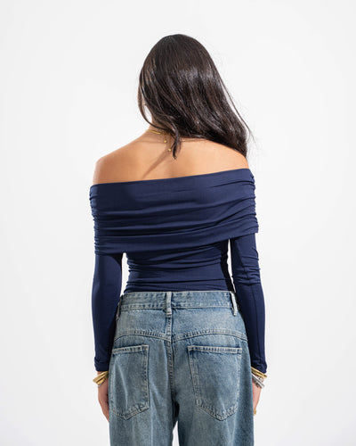 OFF SHOULDER DRAPED LONG SLEEVE IN NAVY BLUE