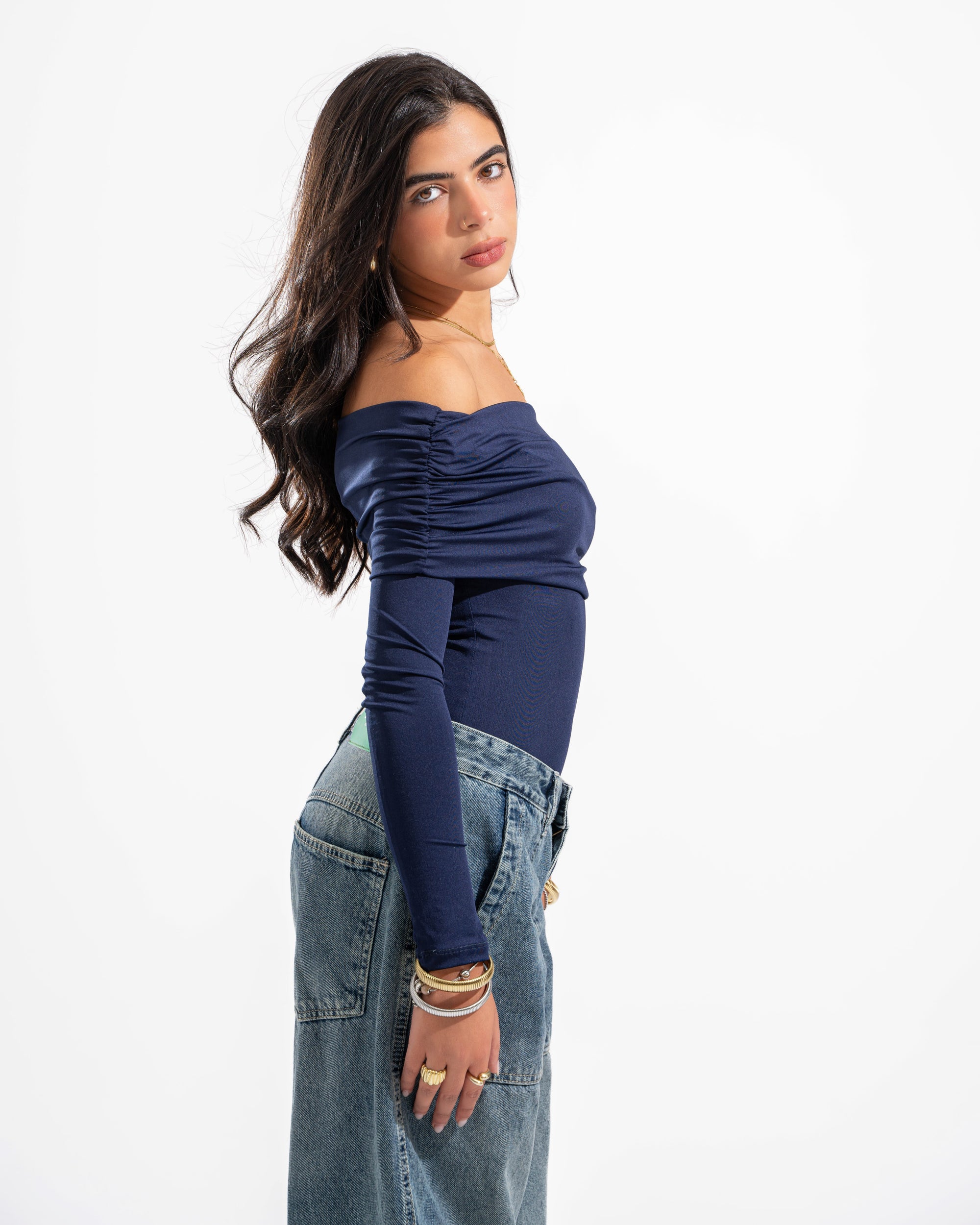 OFF SHOULDER LONG SLEEVE IN NAVY BLUE