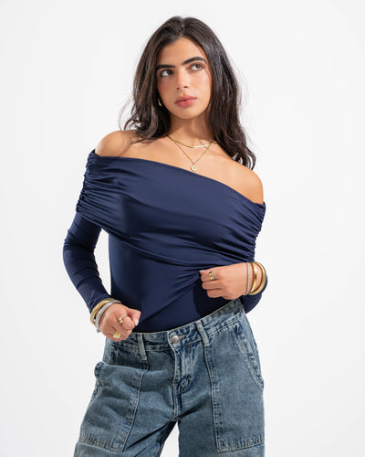 OFF SHOULDER DRAPED LONG SLEEVE IN NAVY BLUE