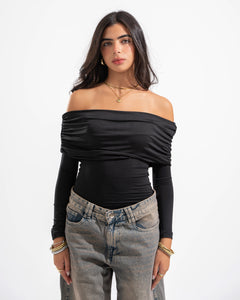 OFF SHOULDER DRAPED LONG SLEEVE IN BLACK