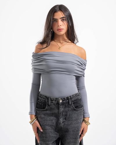 OFF SHOULDER DRAPED LONG SLEEVE IN LIGHT GREY