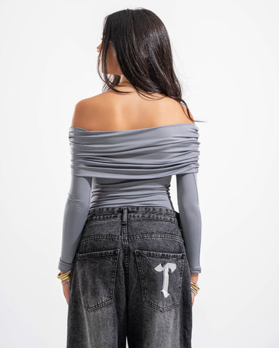 OFF SHOULDER DRAPED LONG SLEEVE IN LIGHT GREY