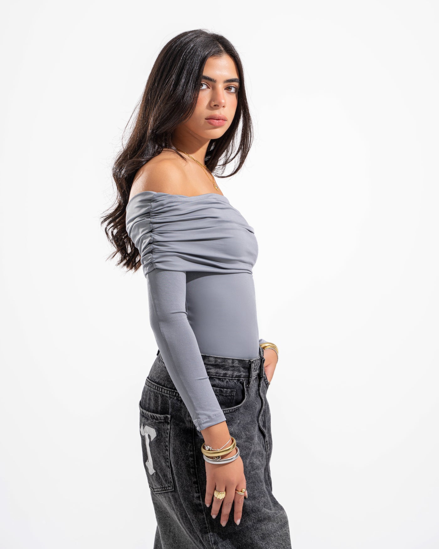 OFF SHOULDER DRAPED LONG SLEEVE IN LIGHT GREY