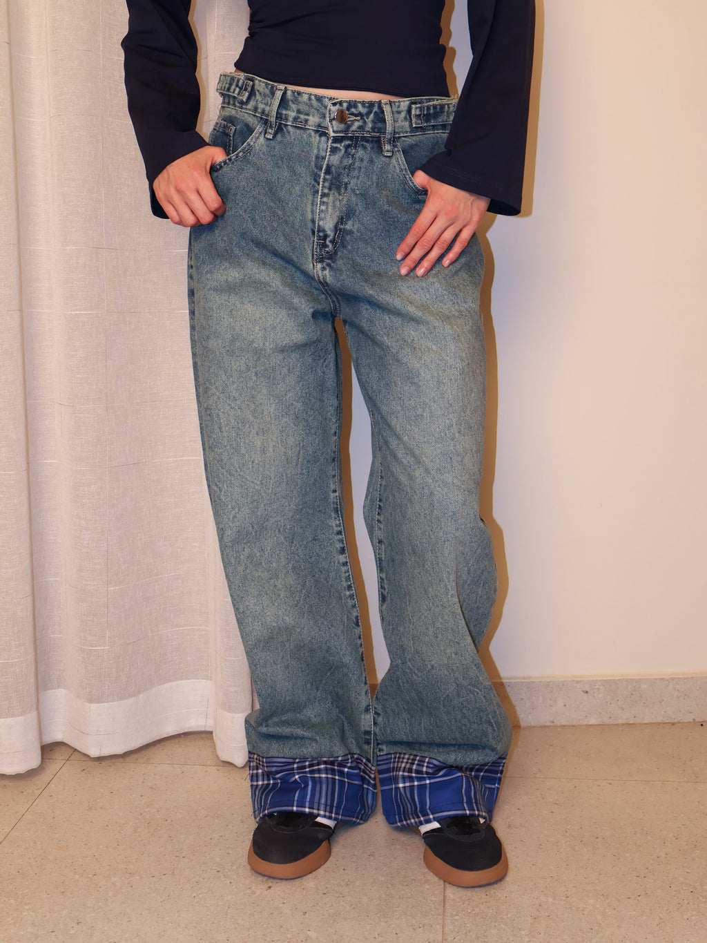 Checkered Cuff Wide Leg Jeans
