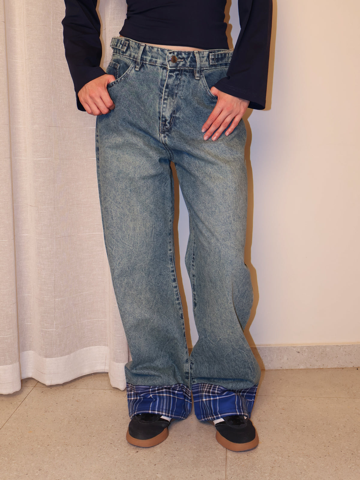 Checkered Cuff Wide Leg Jeans