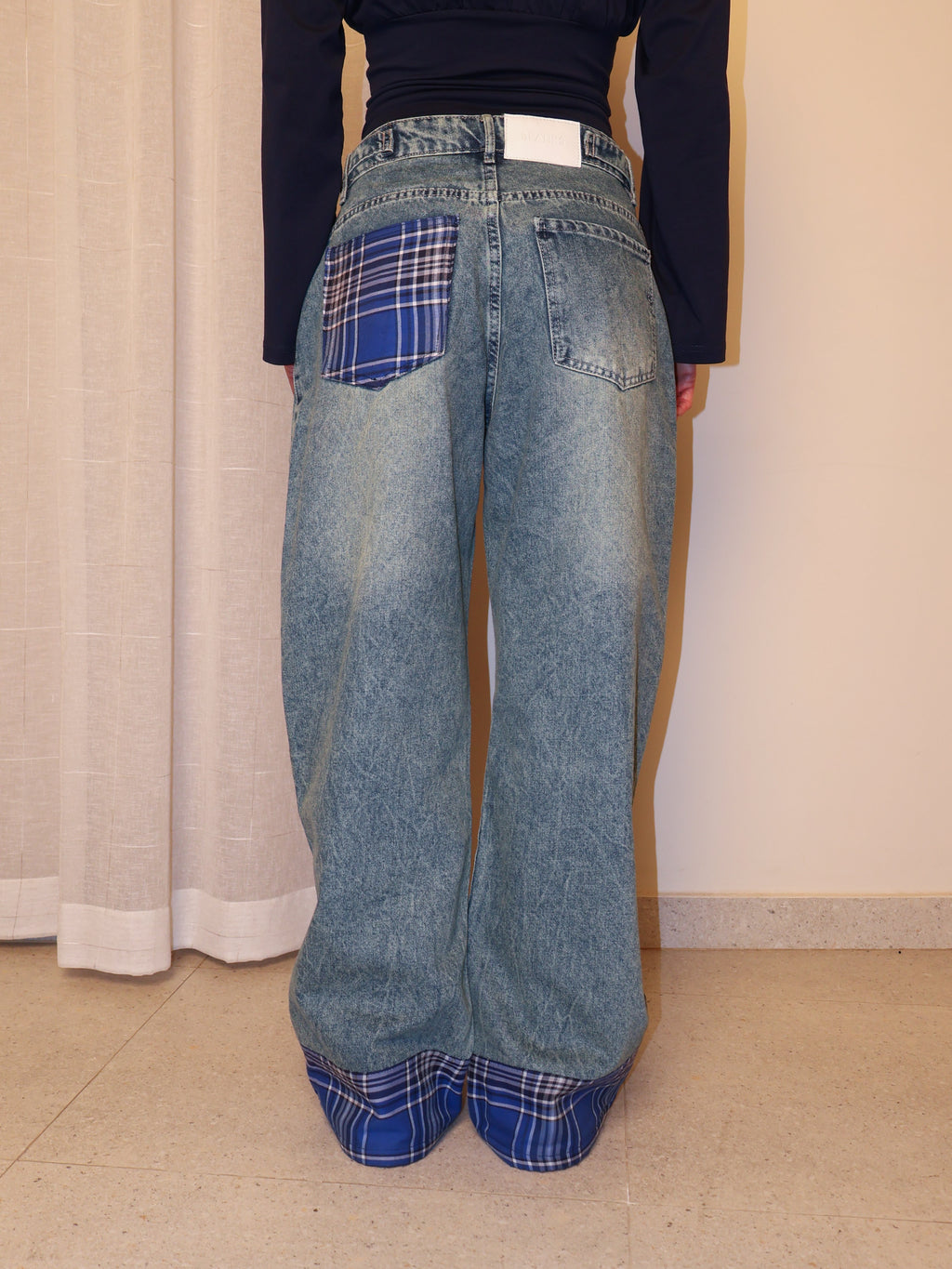 Checkered Cuff Wide Leg Jeans