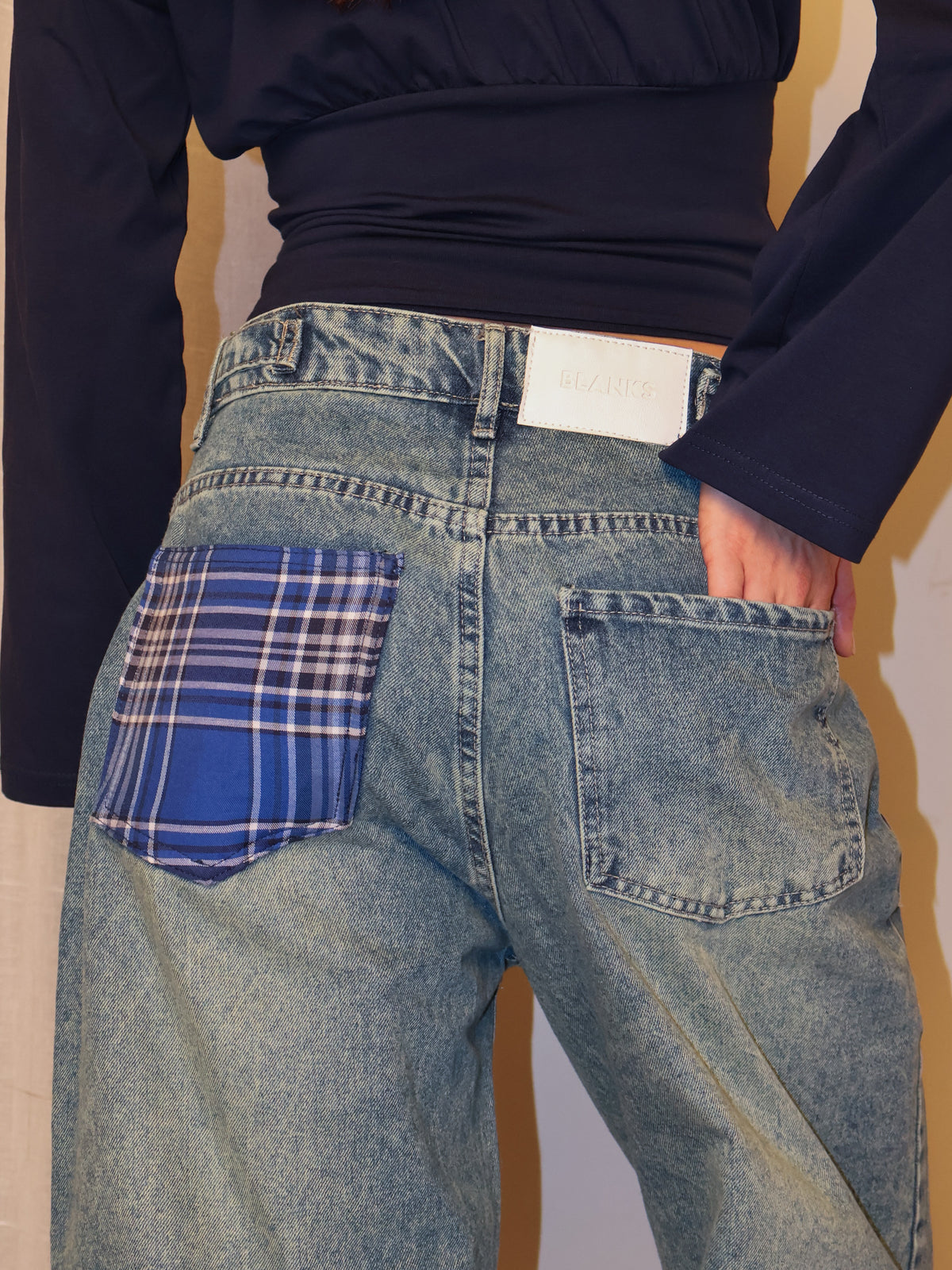 Checkered Cuff Wide Leg Jeans